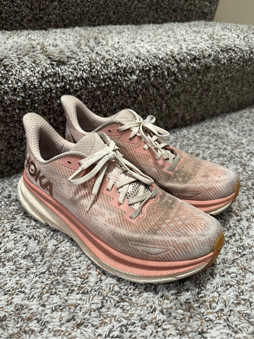 Hoka Women's Clifton Light Pink and Cream Running Shoes